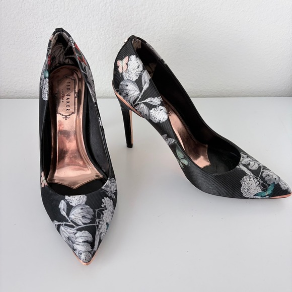 Ted Baker London Shoes - Ted Baker Kawaap Floral Print Stiletto Heels Black Rose Gold Butterfly Sz 7